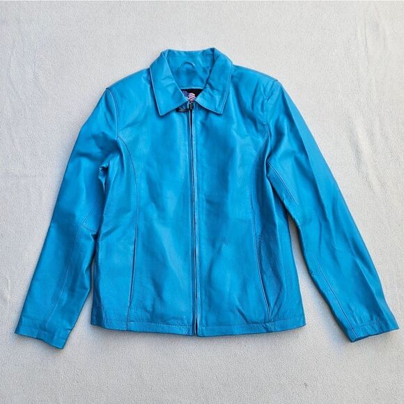 USA Teal Blue Leather Jacket - Picture 3 of 12